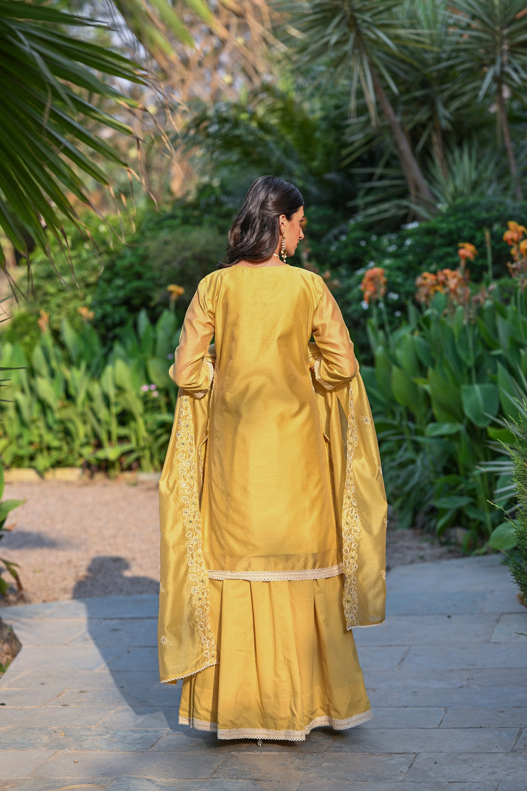 Yellow Thread Embroidered With Lace Chanderi Kurta Skirt Set - SET OF- 3 | SHOBITAM