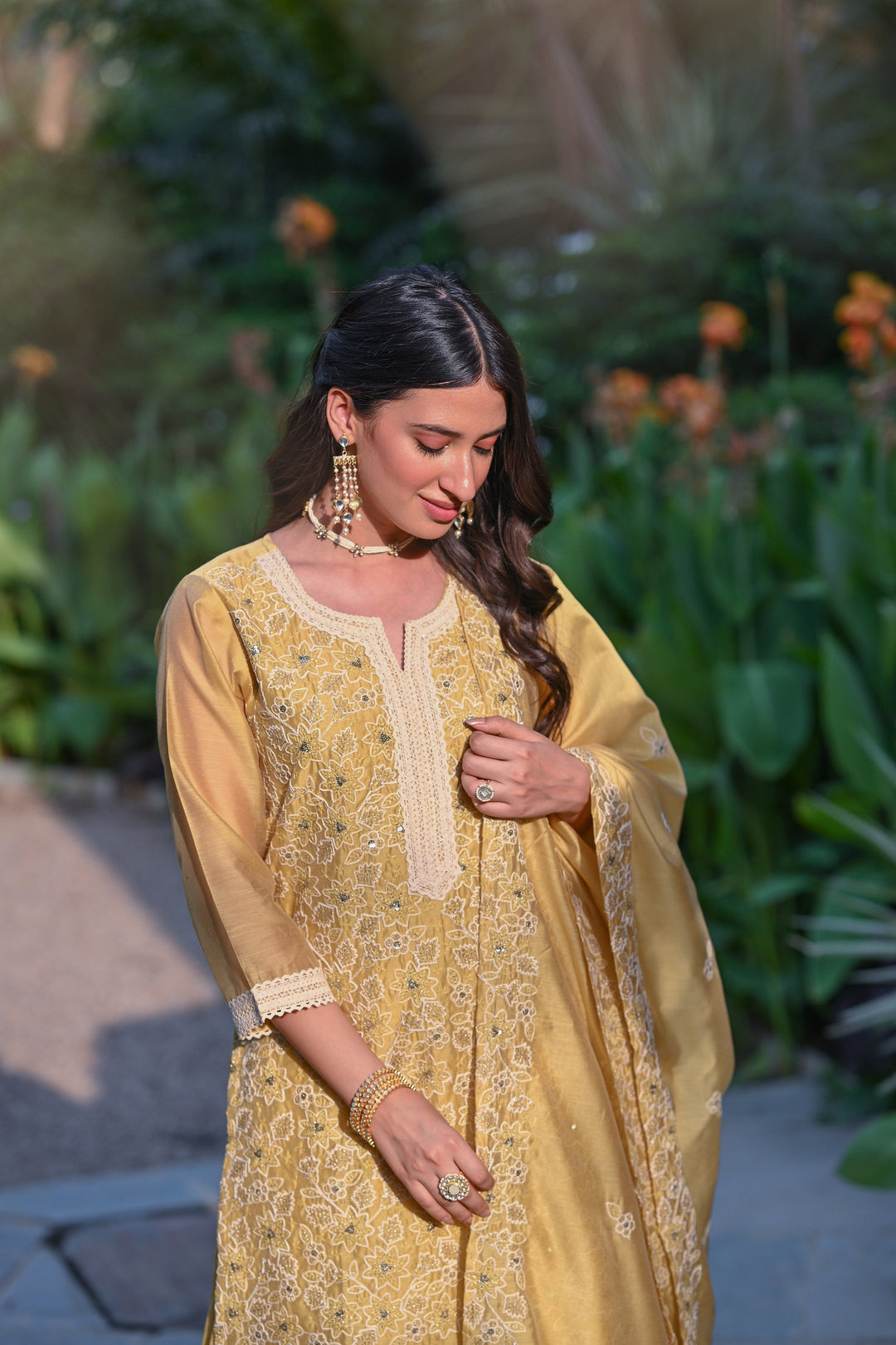 Yellow Thread Embroidered With Lace Chanderi Kurta Skirt Set - SET OF- 3 | SHOBITAM