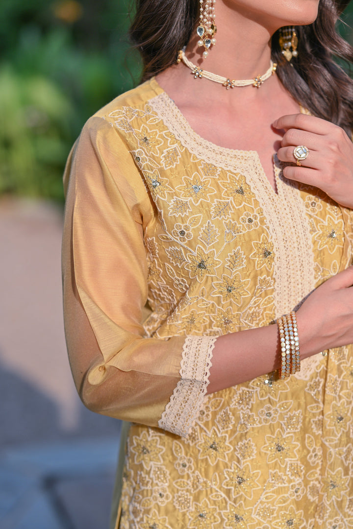 Yellow Thread Embroidered With Lace Chanderi Kurta Skirt Set - SET OF- 3 | SHOBITAM
