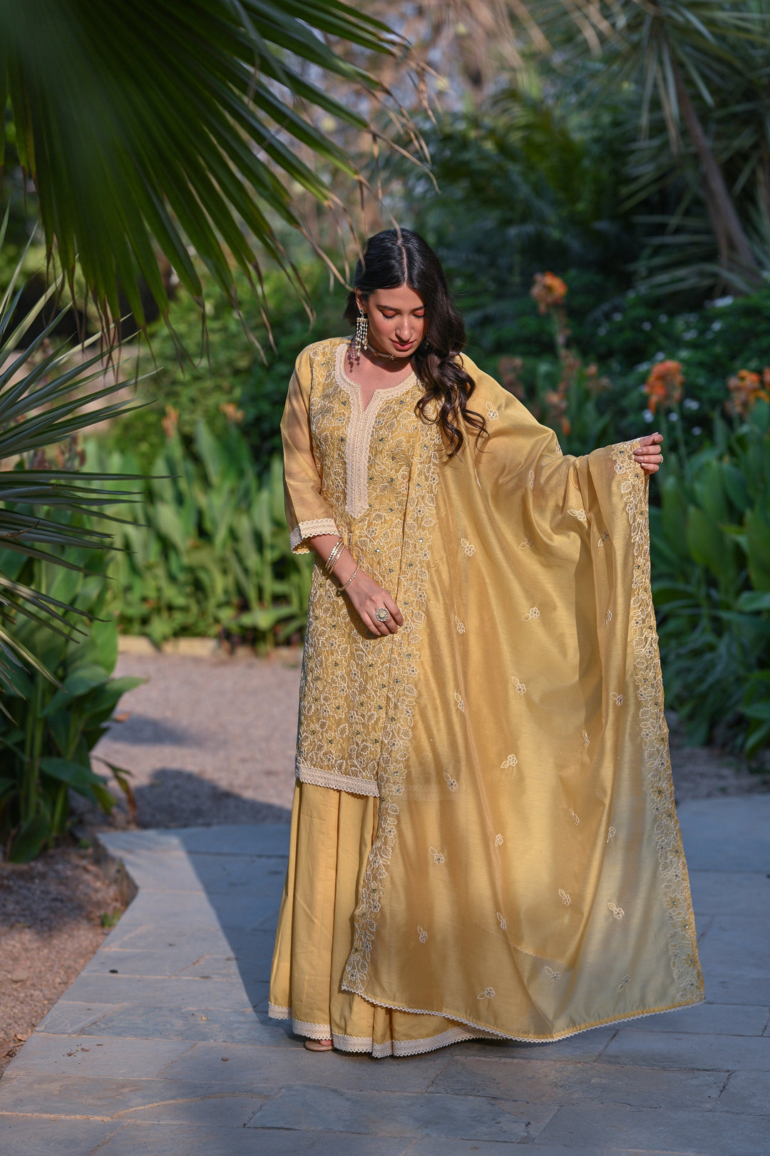 Yellow Thread Embroidered With Lace Chanderi Kurta Skirt Set - SET OF- 3 | SHOBITAM