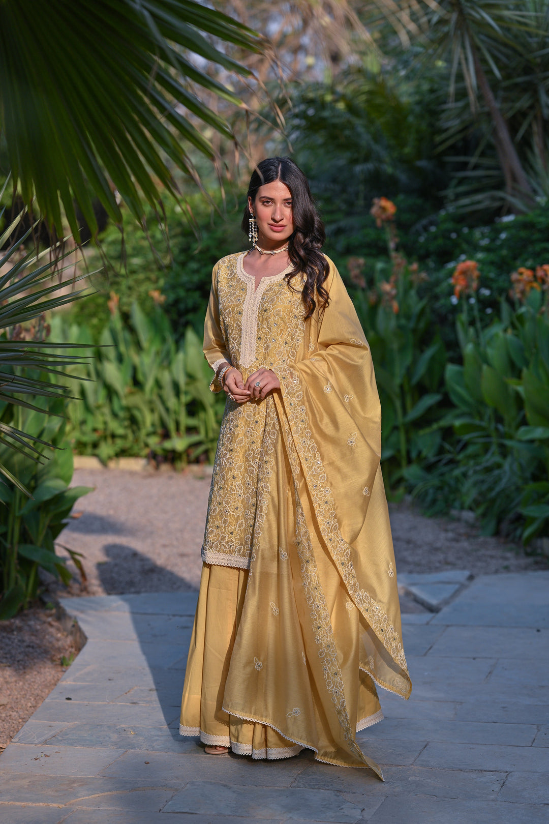 Yellow Thread Embroidered With Lace Chanderi Kurta Skirt Set - SET OF- 3 | SHOBITAM