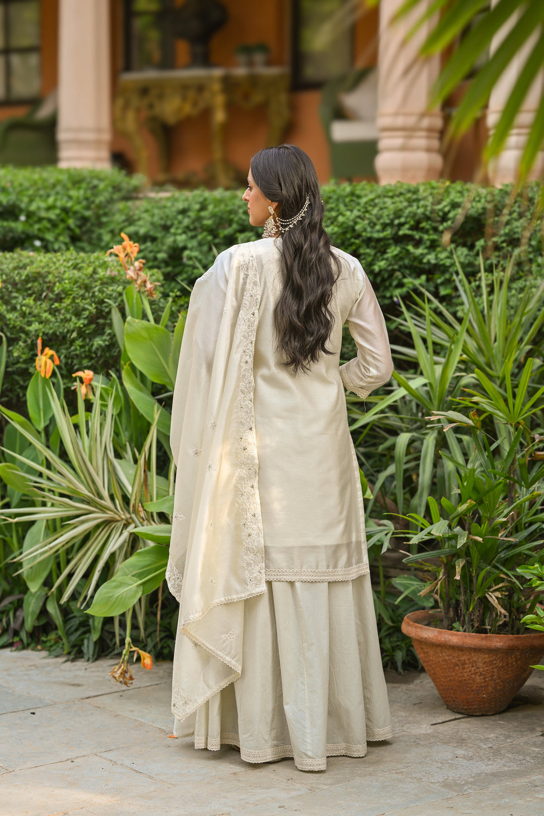 Off White Thread Embroidered With Lace Chanderi Kurta Skirt Set- Set Of -3 | SHOBITAM