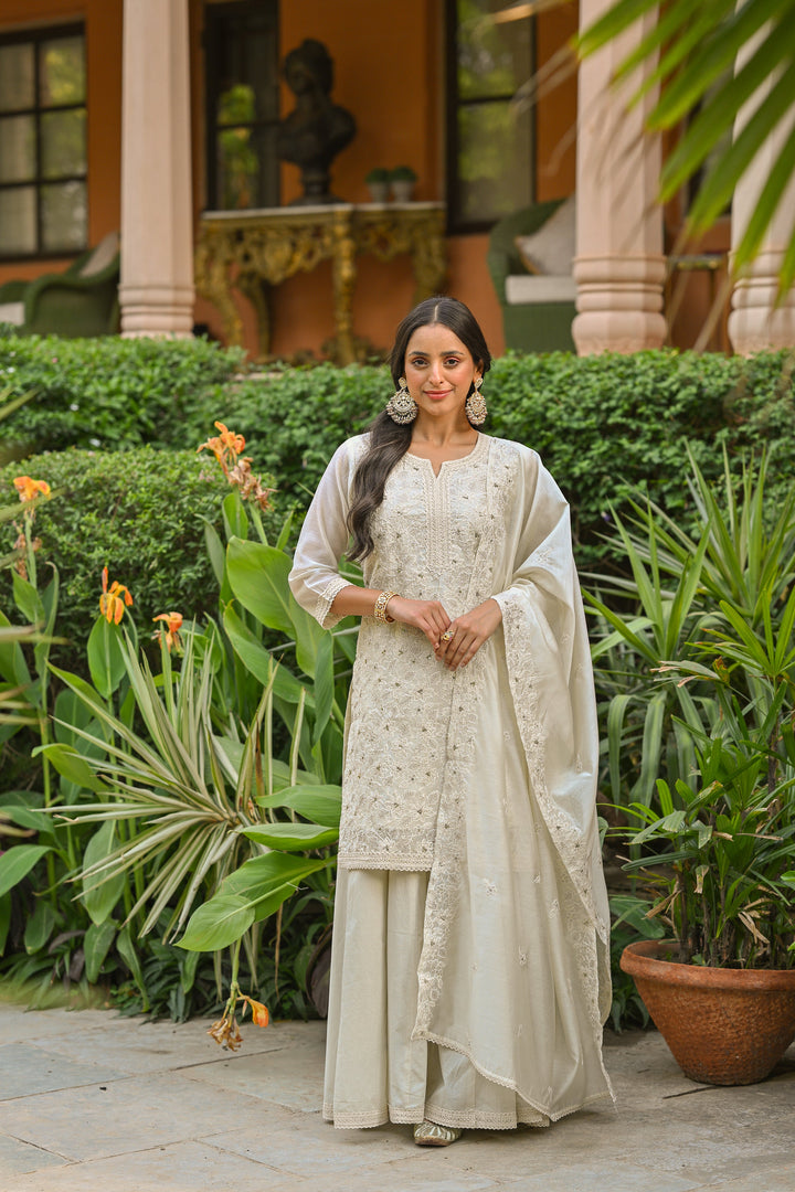 Off White Thread Embroidered With Lace Chanderi Kurta Skirt Set- Set Of -3 | SHOBITAM