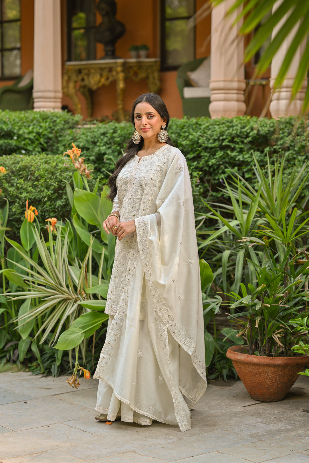Off White Thread Embroidered With Lace Chanderi Kurta Skirt Set- Set Of -3 | SHOBITAM