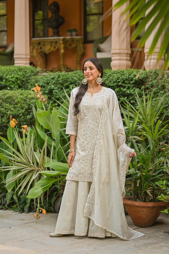 Off White Thread Embroidered With Lace Chanderi Kurta Skirt Set- Set Of -3 | SHOBITAM