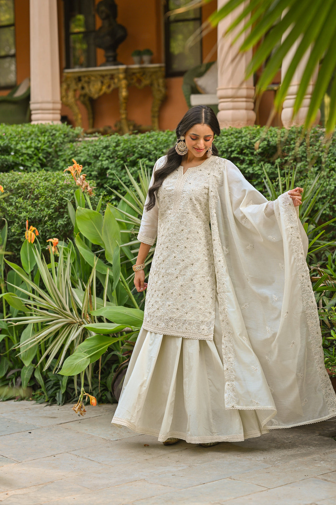 Off White Thread Embroidered With Lace Chanderi Kurta Skirt Set- Set Of -3 | SHOBITAM