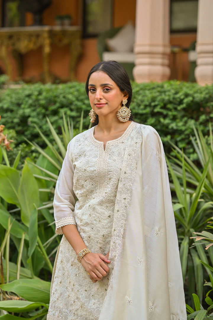 Off White Thread Embroidered With Lace Chanderi Kurta Skirt Set- Set Of -3 | SHOBITAM
