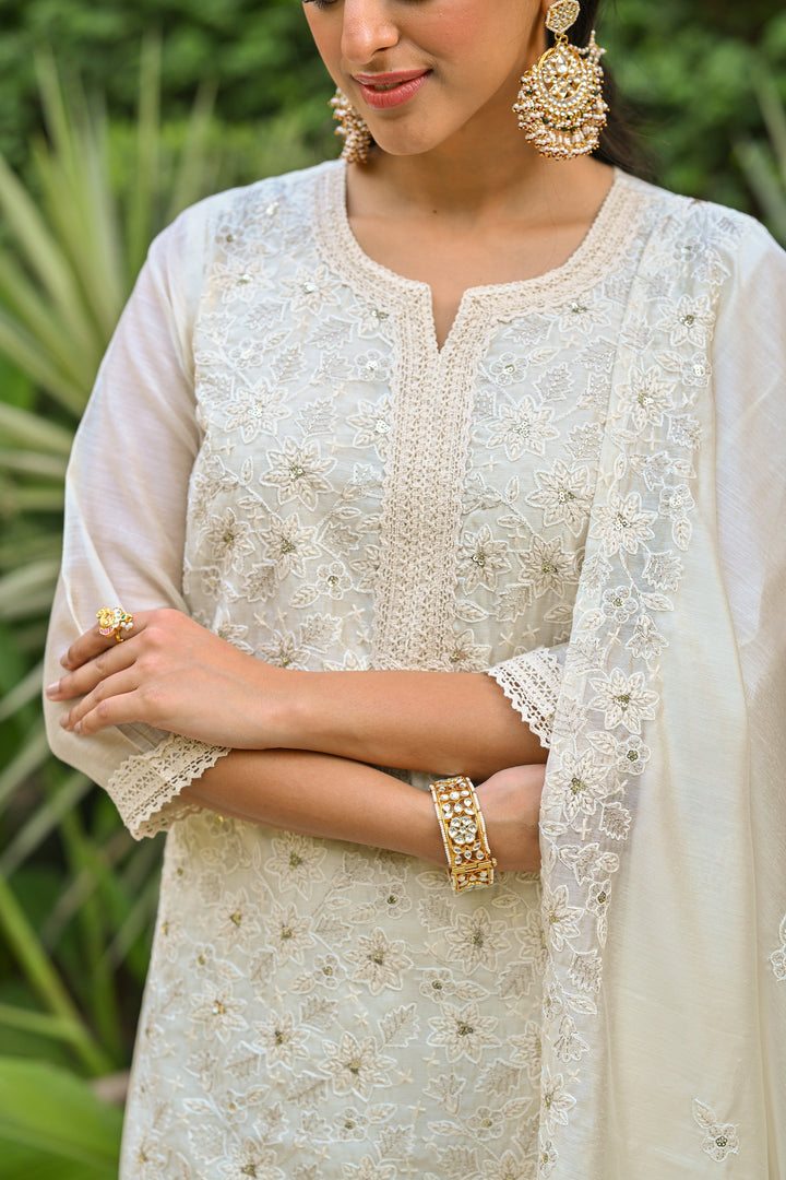 Off White Thread Embroidered With Lace Chanderi Kurta Skirt Set- Set Of -3 | SHOBITAM