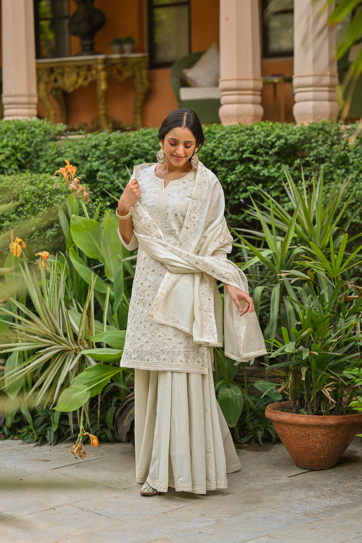 Off White Thread Embroidered With Lace Chanderi Kurta Skirt Set- Set Of -3 | SHOBITAM