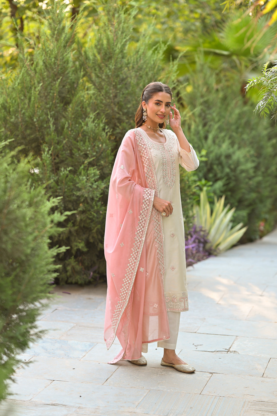 Off White Aarzoo Chanderi Suit Set with Mirror and Thread Work and Pink Dupatta- SET OF-3 | SHOBITAM