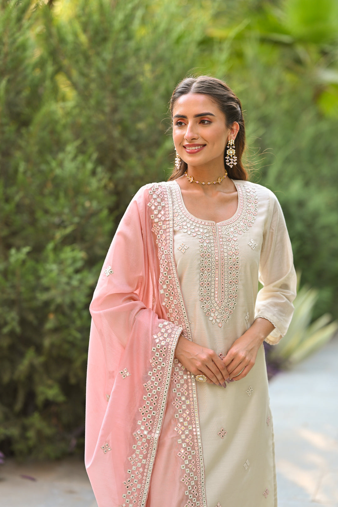 Off White Aarzoo Chanderi Suit Set with Mirror and Thread Work and Pink Dupatta- SET OF-3 | SHOBITAM