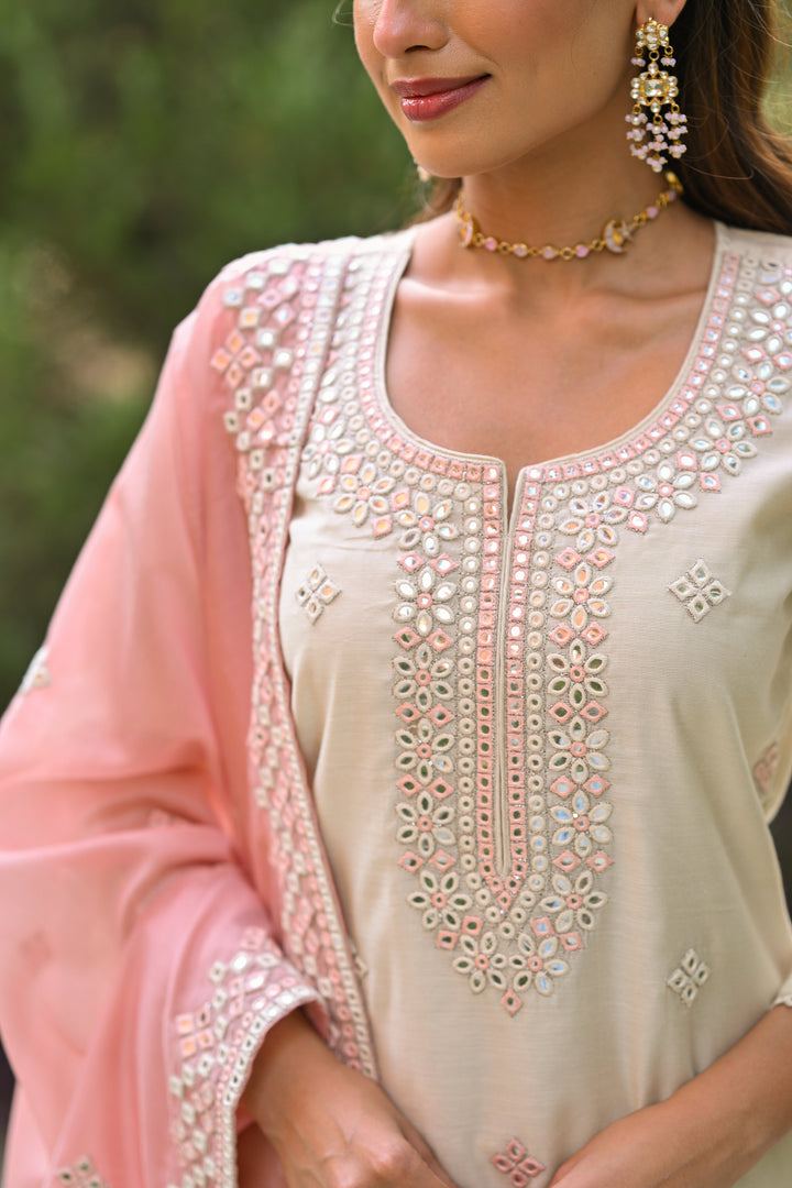 Off White Aarzoo Chanderi Suit Set with Mirror and Thread Work and Pink Dupatta- SET OF-3 | SHOBITAM