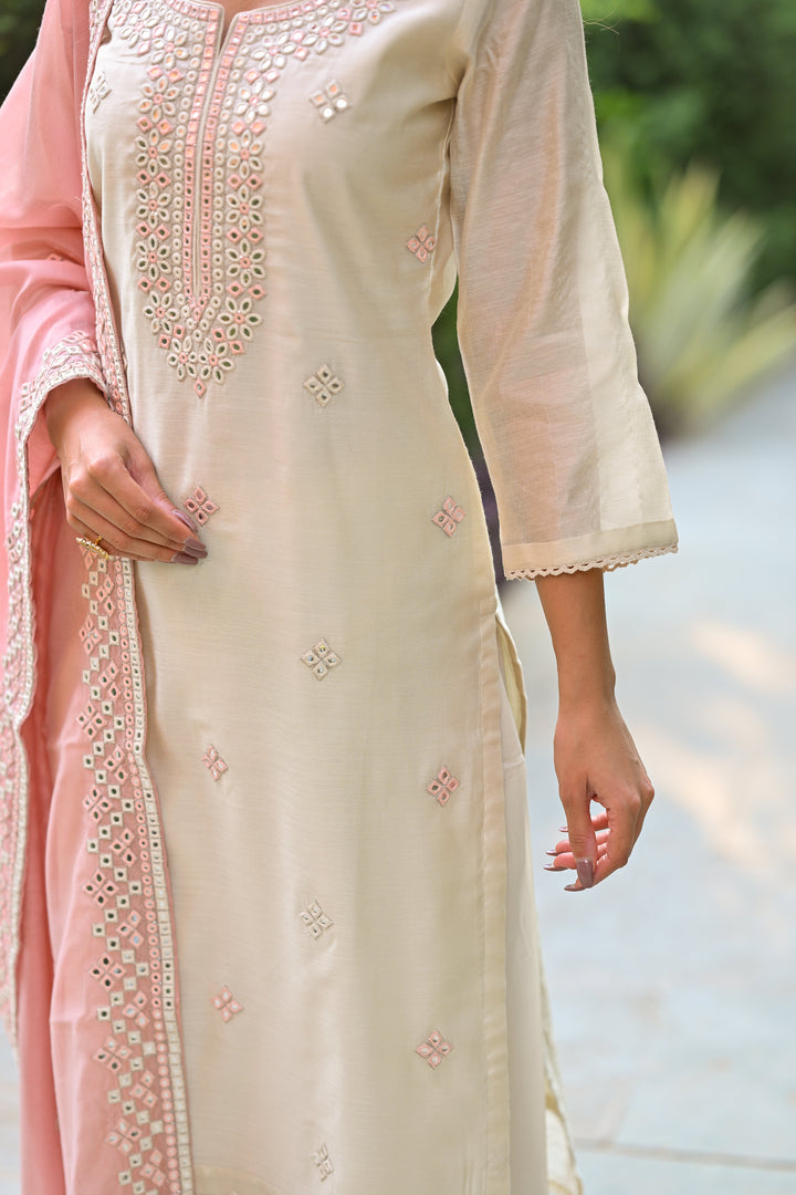 Off White Aarzoo Chanderi Suit Set with Mirror and Thread Work and Pink Dupatta- SET OF-3 | SHOBITAM