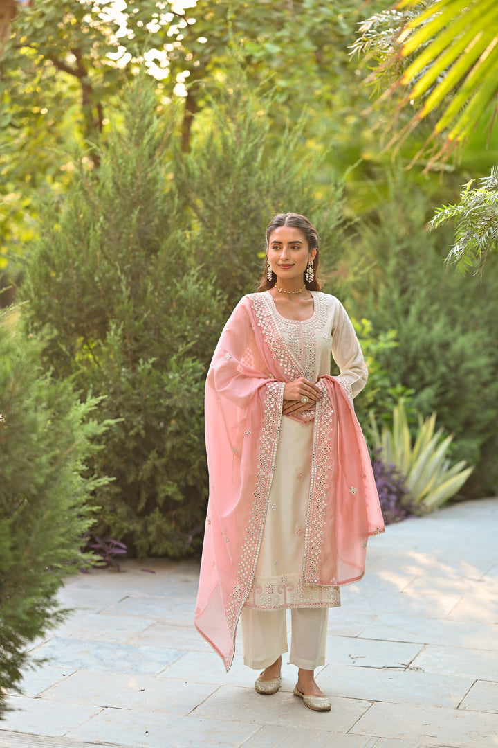 Off White Aarzoo Chanderi Suit Set with Mirror and Thread Work and Pink Dupatta- SET OF-3 | SHOBITAM