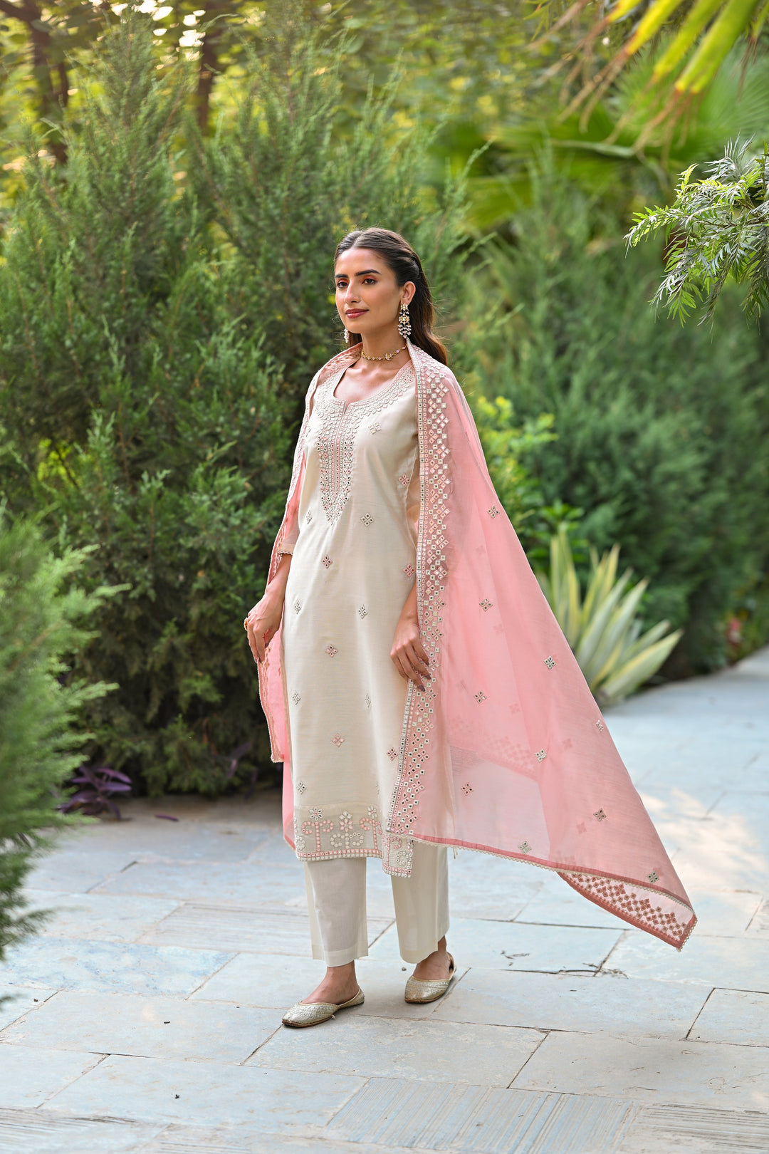 Off White Aarzoo Chanderi Suit Set with Mirror and Thread Work and Pink Dupatta- SET OF-3 | SHOBITAM