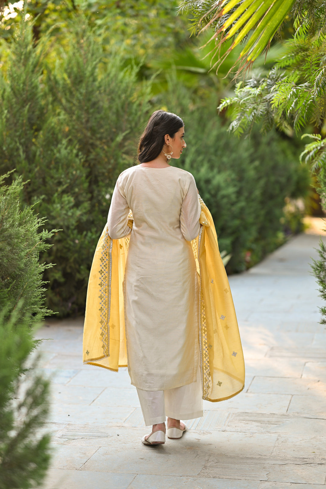 Off White Aarzoo Chanderi Suit Set with Mirror and Thread Work and Yellow Dupatta- SET OF-3 | SHOBITAM
