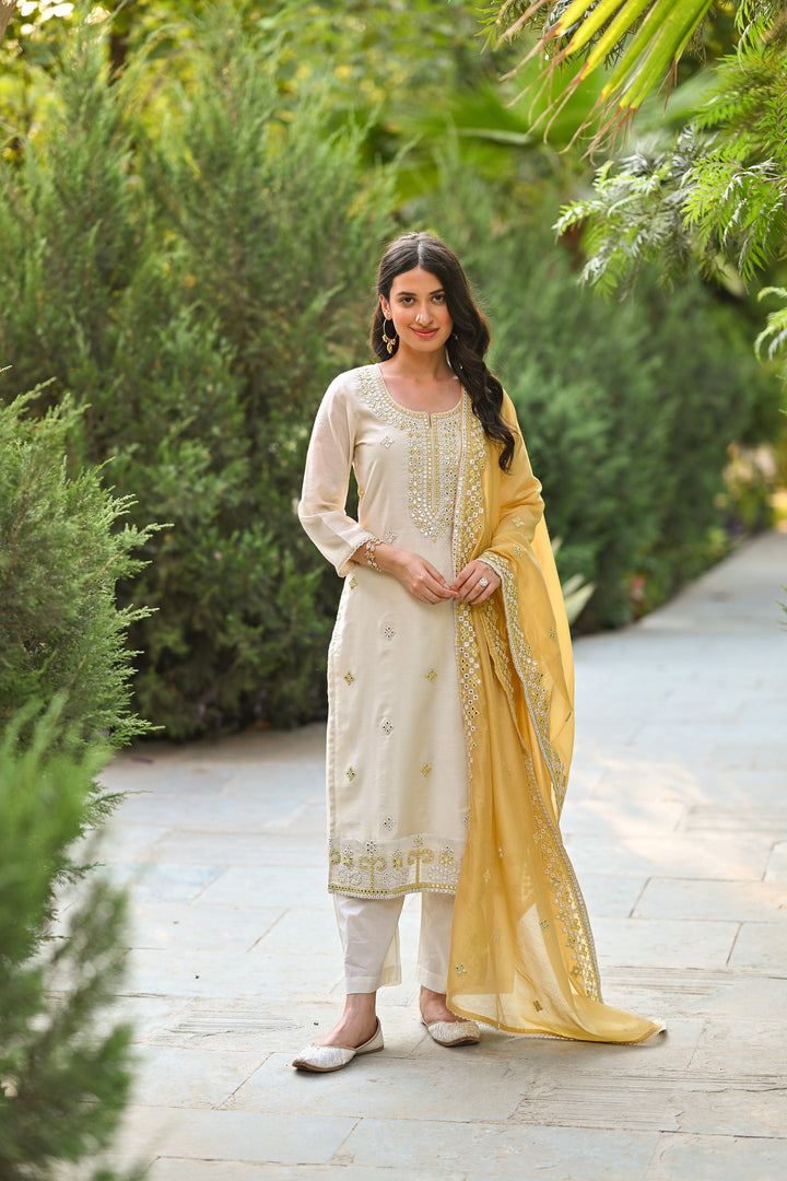 Off White Aarzoo Chanderi Suit Set with Mirror and Thread Work and Yellow Dupatta- SET OF-3 | SHOBITAM