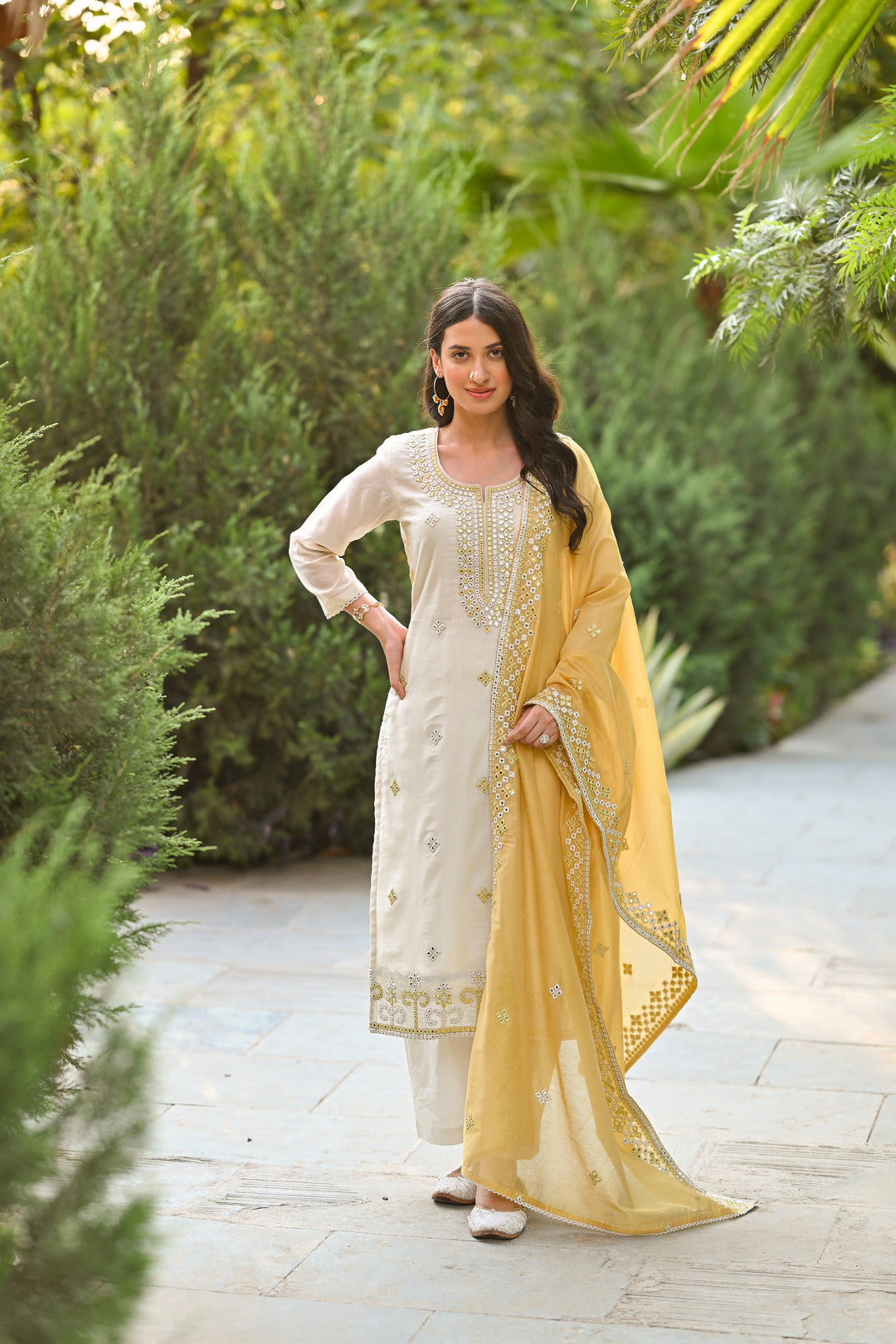 Off White Aarzoo Chanderi Suit Set with Mirror and Thread Work and Yellow Dupatta- SET OF-3 | SHOBITAM