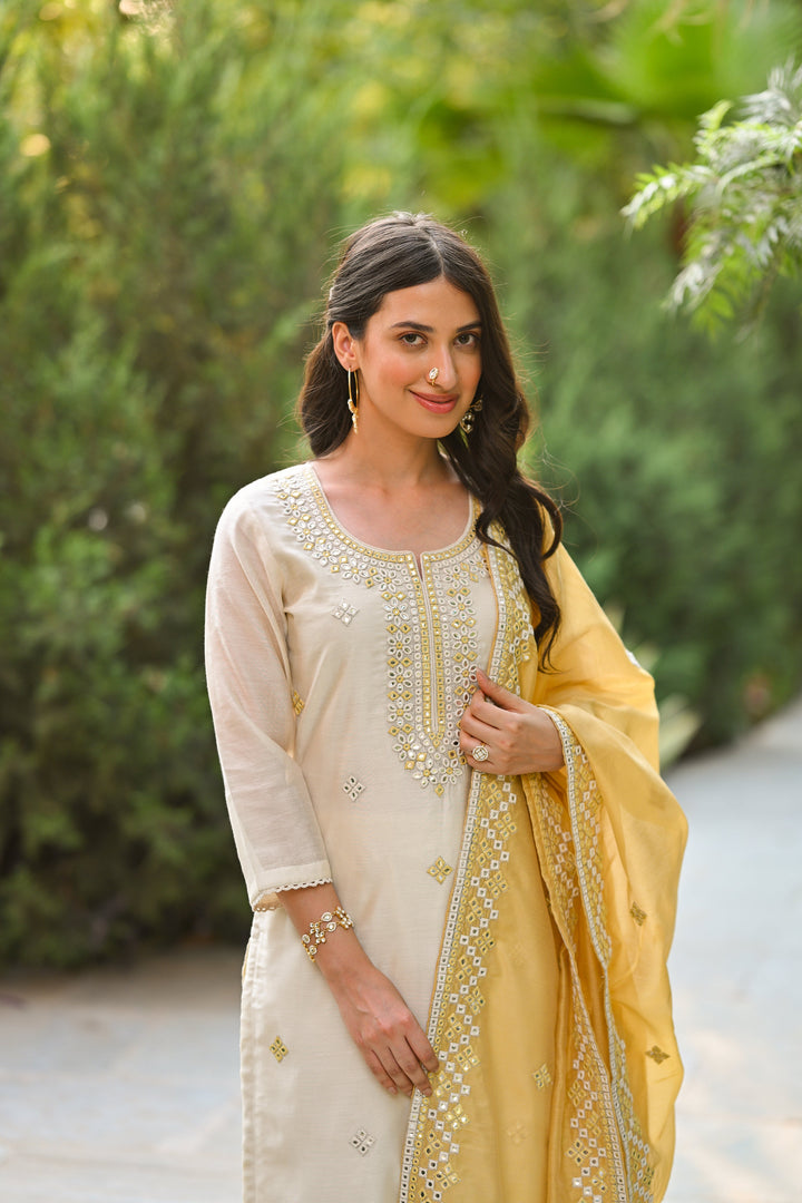 Off White Aarzoo Chanderi Suit Set with Mirror and Thread Work and Yellow Dupatta- SET OF-3 | SHOBITAM