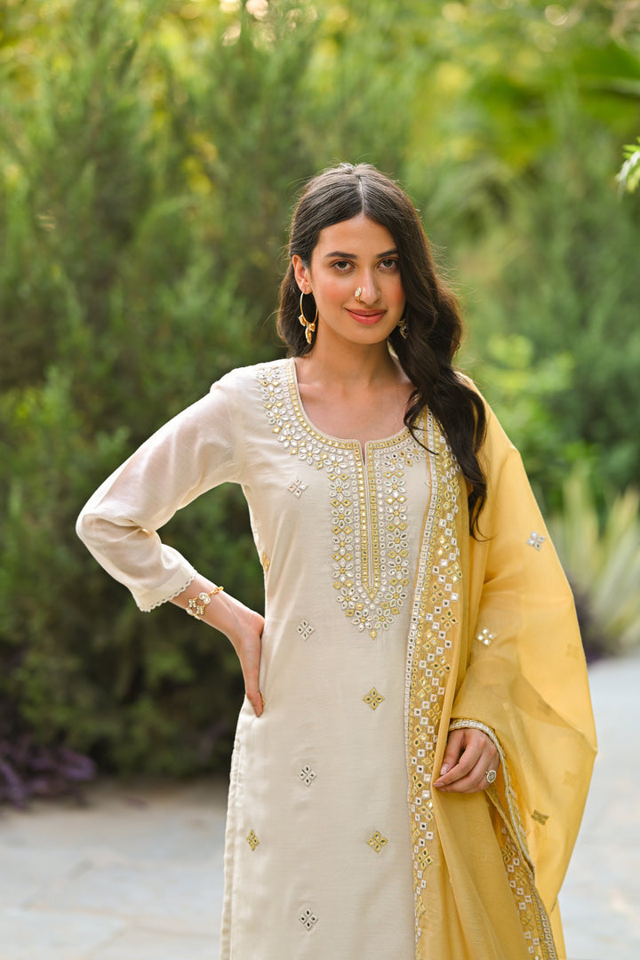 Off White Aarzoo Chanderi Suit Set with Mirror and Thread Work and Yellow Dupatta- SET OF-3 | SHOBITAM