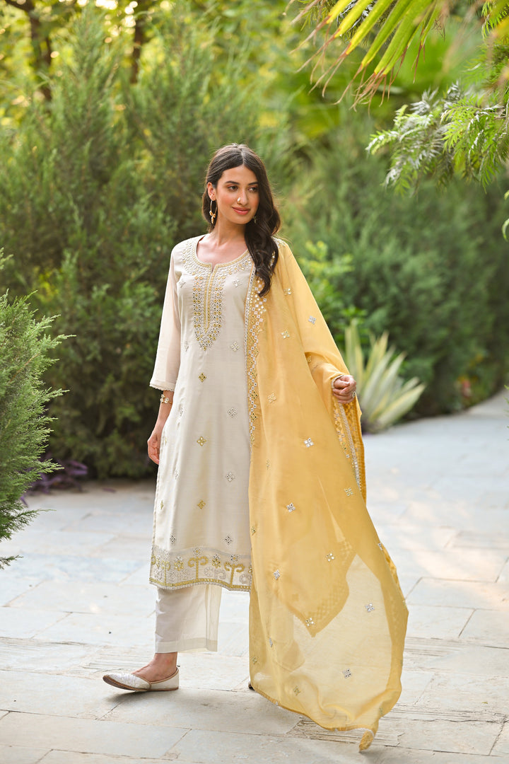 Off White Aarzoo Chanderi Suit Set with Mirror and Thread Work and Yellow Dupatta- SET OF-3 | SHOBITAM