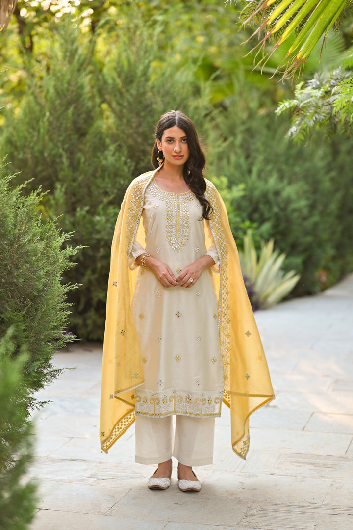 Off White Aarzoo Chanderi Suit Set with Mirror and Thread Work and Yellow Dupatta- SET OF-3 | SHOBITAM