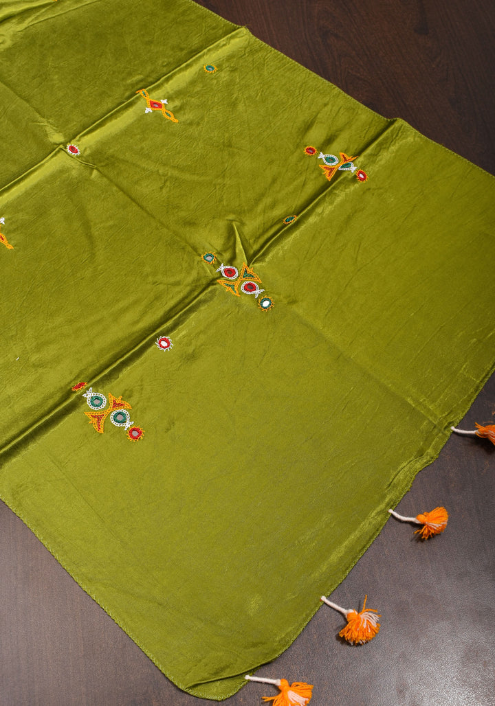 Apple Green Modal Silk Stole 76 x 21 with Kutchi Kadai Embroidery and Mirror Work