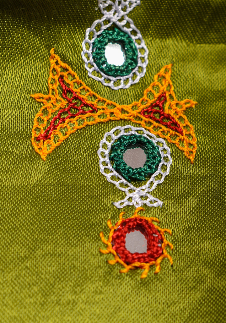 Apple Green Modal Silk Stole 76 x 21 with Kutchi Kadai Embroidery and Mirror Work