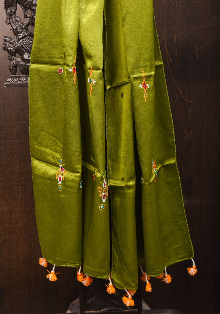 Apple Green Modal Silk Stole 76 x 21 with Kutchi Kadai Embroidery and Mirror Work