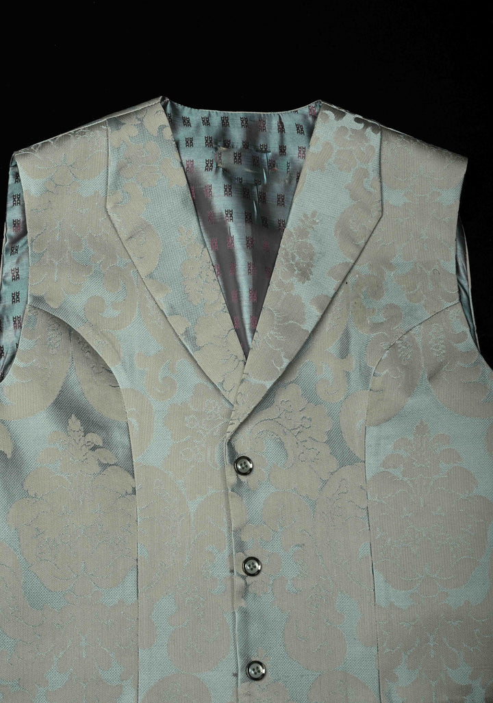 Size 40 : Women's Slate Blue-Gray Silk Blend Waistcoat with Self Brocade