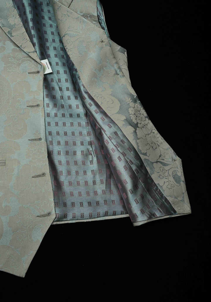 Size 40 : Women's Slate Blue-Gray Silk Blend Waistcoat with Self Brocade