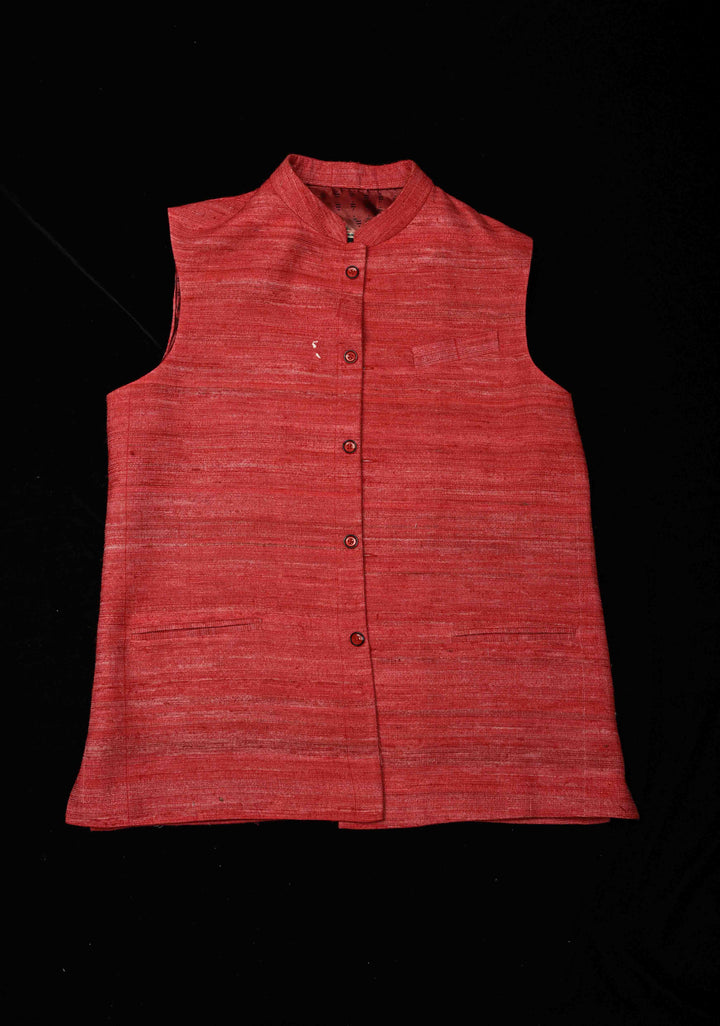 Size 40 : Brick Red Men's Jute Silk Nehru Jacket / Waistcoat
