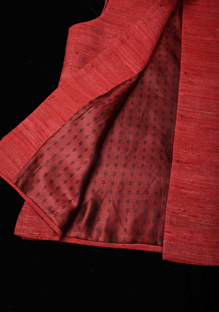 Size 40 : Brick Red Men's Jute Silk Nehru Jacket / Waistcoat