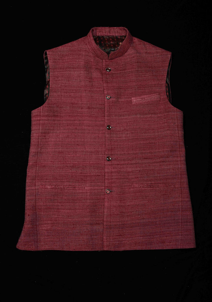 Size 42 : Dusty Plum Men's Jute Silk Nehru Jacket / Waistcoat