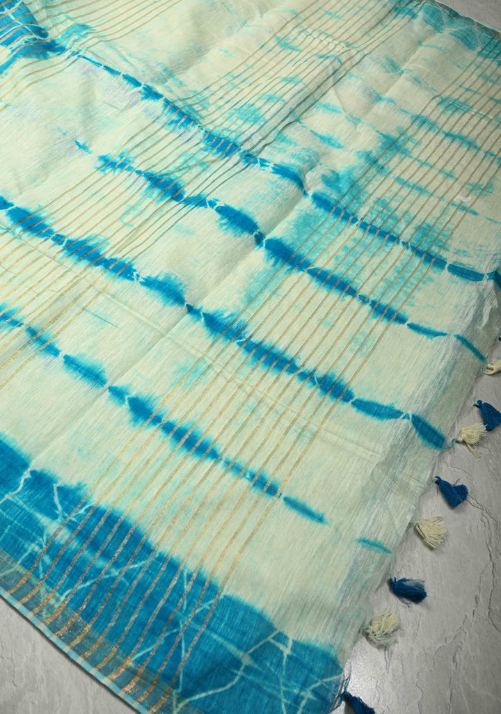 White-Blue Eri Silk Saree With Shibori Dye and Muted Minimal Zari Border | SILK MARK CERTIFIED