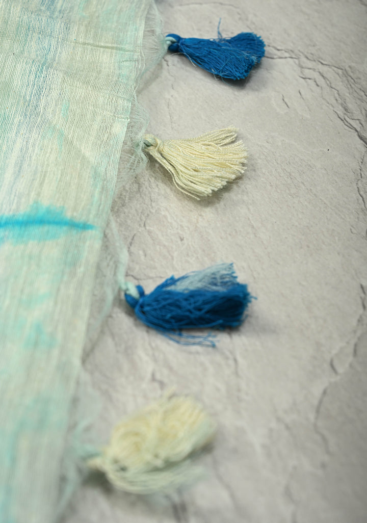 White-Blue Eri Silk Saree With Shibori Dye and Muted Minimal Zari Border | SILK MARK CERTIFIED