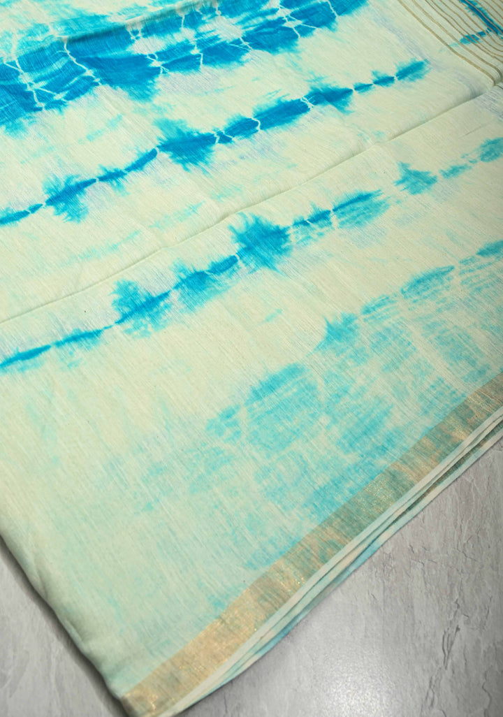 White-Blue Eri Silk Saree With Shibori Dye and Muted Minimal Zari Border | SILK MARK CERTIFIED