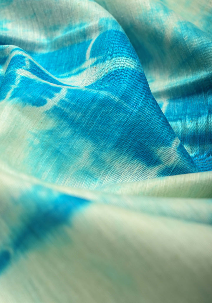 White-Blue Eri Silk Saree With Shibori Dye and Muted Minimal Zari Border | SILK MARK CERTIFIED