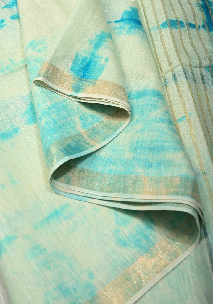White-Blue Eri Silk Saree With Shibori Dye and Muted Minimal Zari Border | SILK MARK CERTIFIED