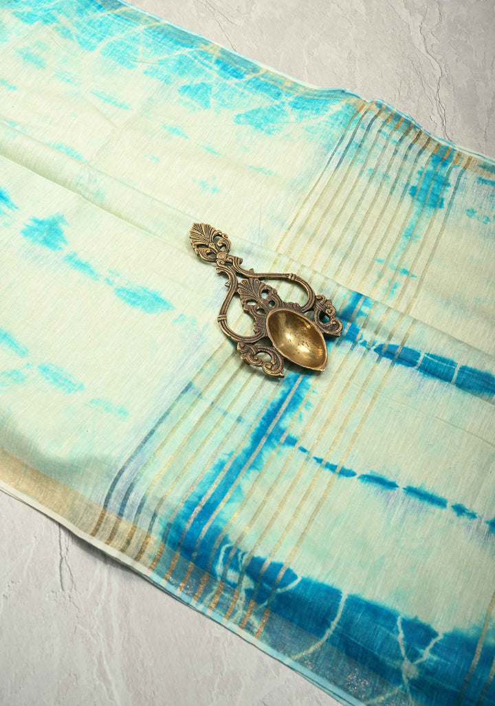 White-Blue Eri Silk Saree With Shibori Dye and Muted Minimal Zari Border | SILK MARK CERTIFIED