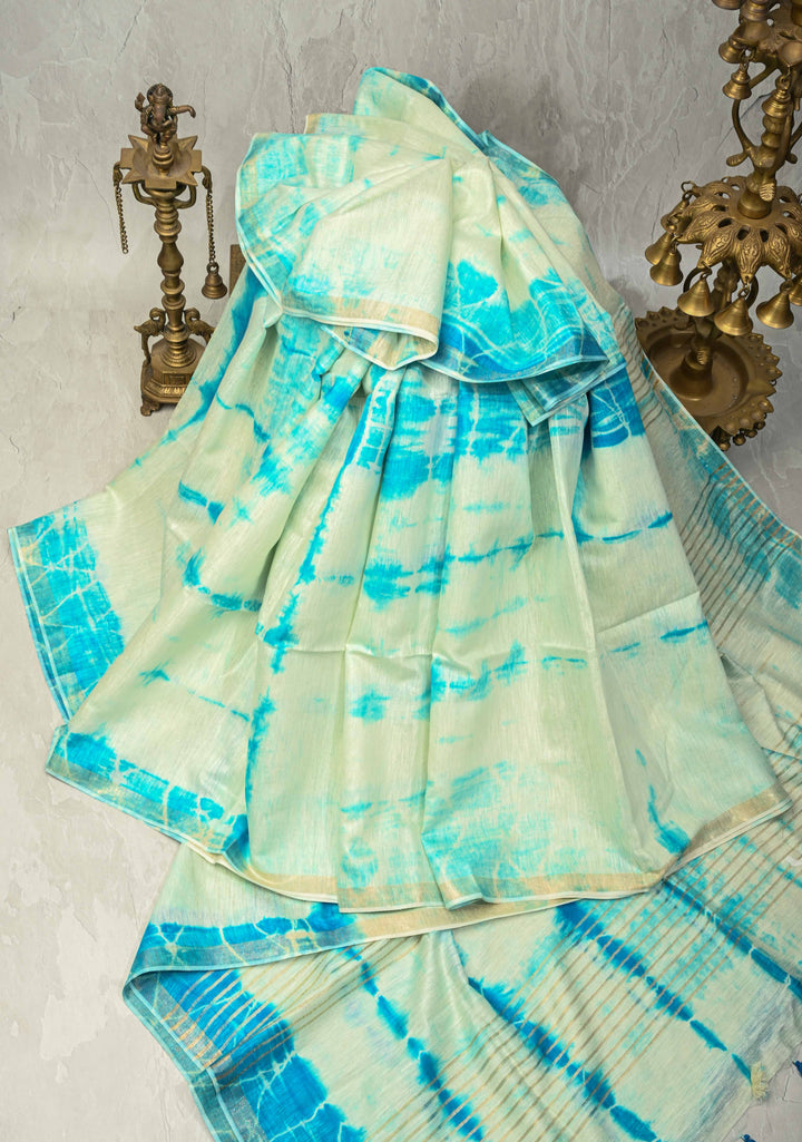 White-Blue Eri Silk Saree With Shibori Dye and Muted Minimal Zari Border | SILK MARK CERTIFIED