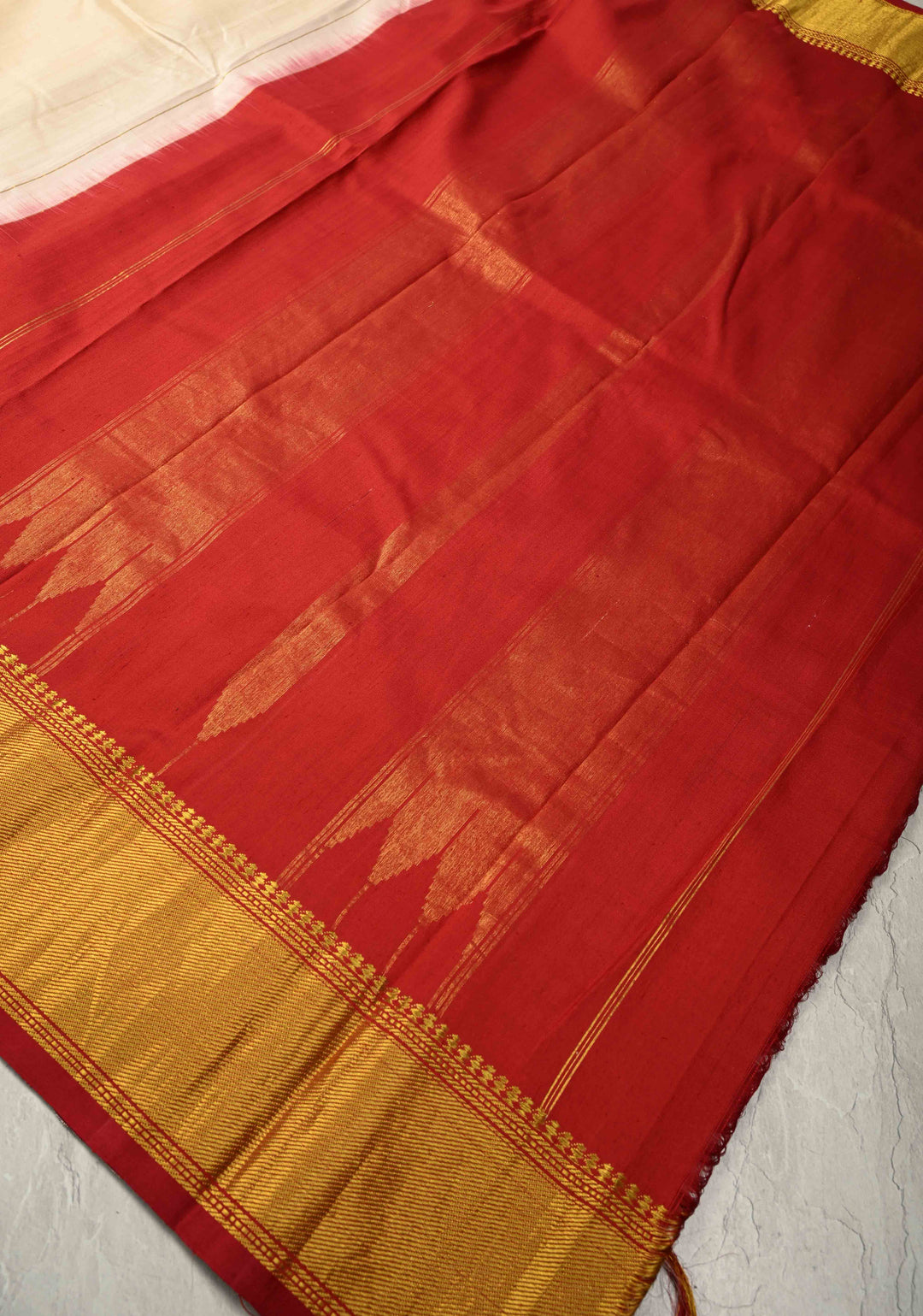 Off White Ahimsa Silk Handloom Saree With Wide Zari Border and Long Tassels | SILK MARK CERTIFIED