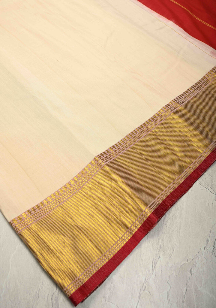 Off White Ahimsa Silk Handloom Saree With Wide Zari Border and Long Tassels | SILK MARK CERTIFIED