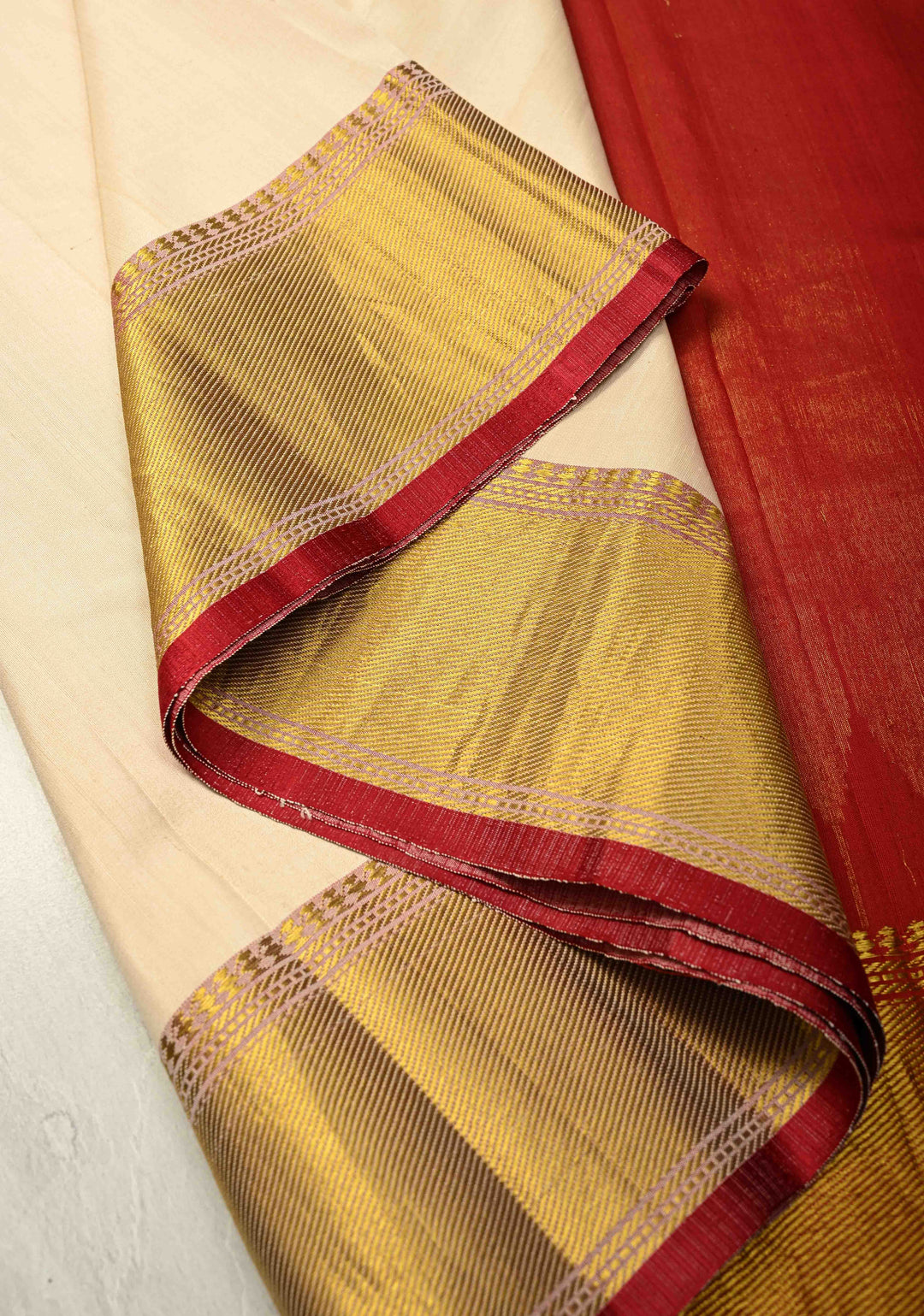 Off White Ahimsa Silk Handloom Saree With Wide Zari Border and Long Tassels | SILK MARK CERTIFIED