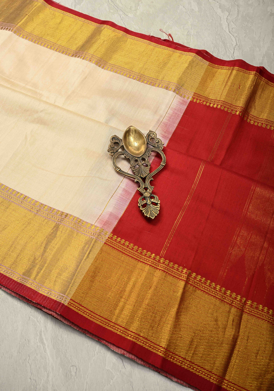 Off White Ahimsa Silk Handloom Saree With Wide Zari Border and Long Tassels | SILK MARK CERTIFIED