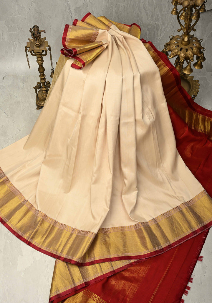 Off White Ahimsa Silk Handloom Saree With Wide Zari Border and Long Tassels | SILK MARK CERTIFIED