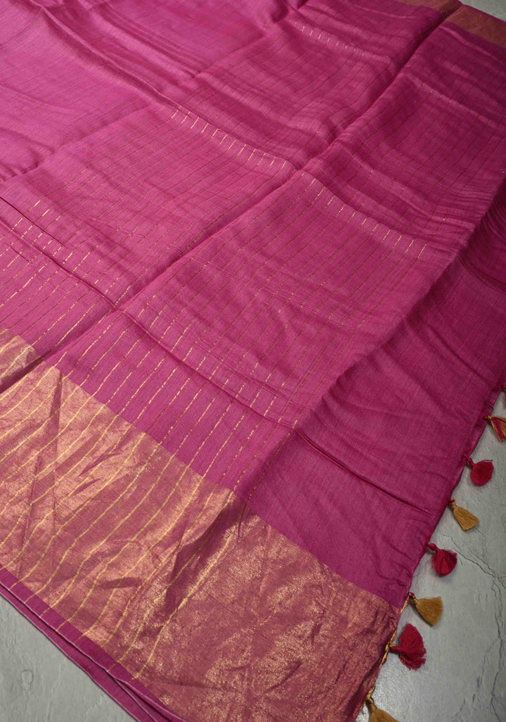 Raspberry Pink Eri Silk Saree with Muted Wide Zari Border and Tassels | SILK MARK CERTIFIED