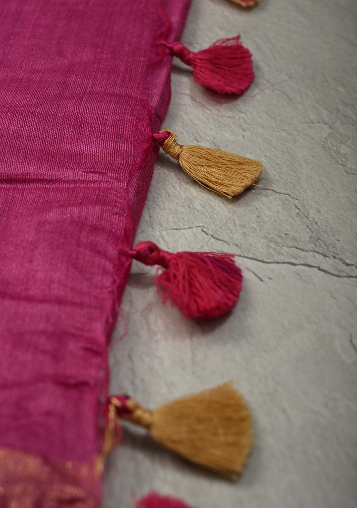 Raspberry Pink Eri Silk Saree with Muted Wide Zari Border and Tassels | SILK MARK CERTIFIED