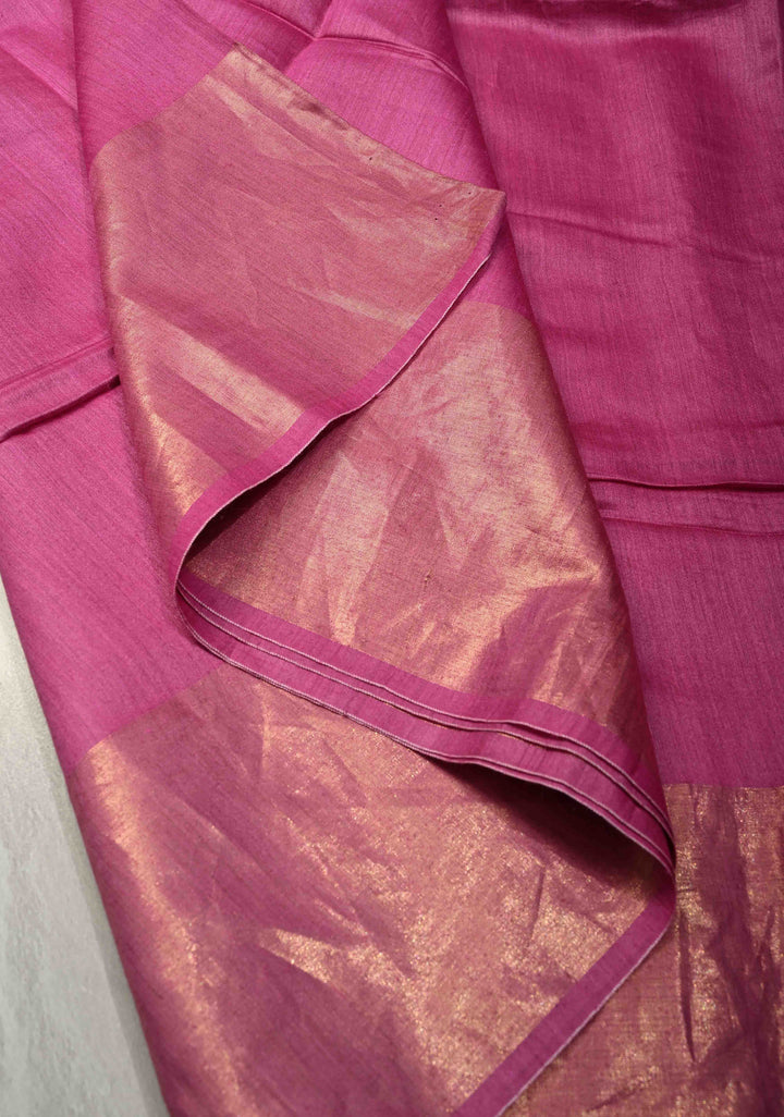 Raspberry Pink Eri Silk Saree with Muted Wide Zari Border and Tassels | SILK MARK CERTIFIED