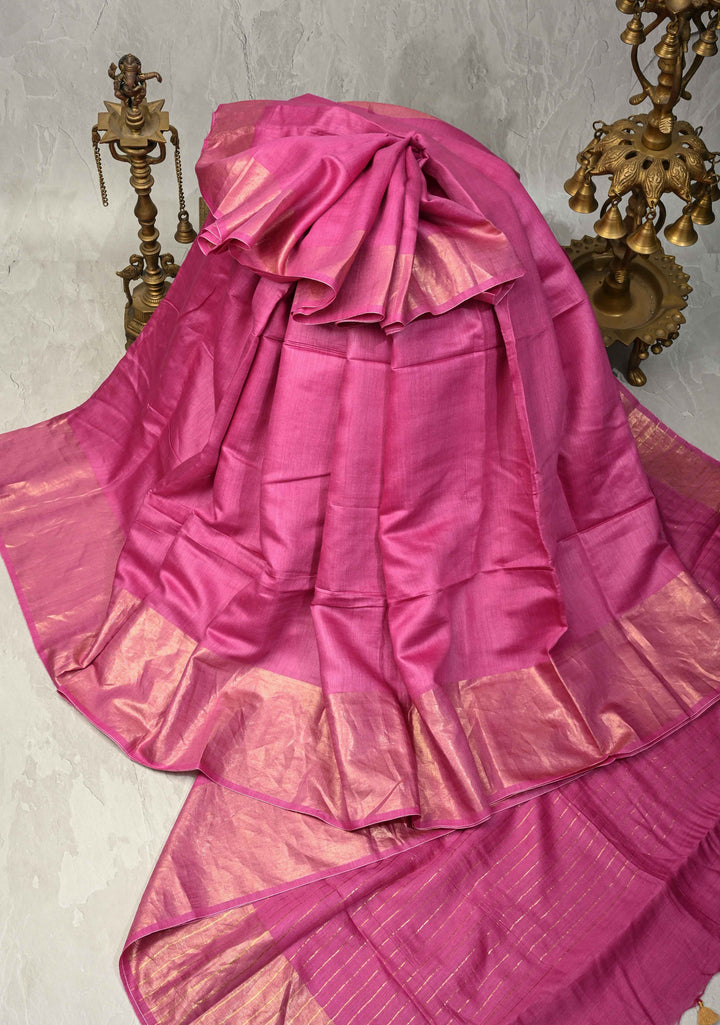 Raspberry Pink Eri Silk Saree with Muted Wide Zari Border and Tassels | SILK MARK CERTIFIED